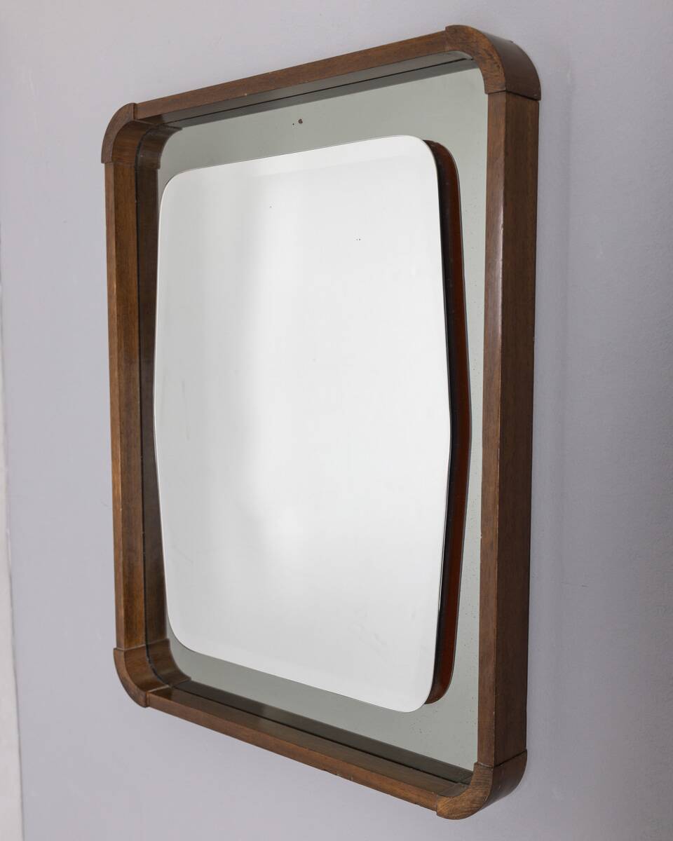 VINTAGE 1960S WALL MIRROR IN WOOD AND SMOKED GLASS, ITALIAN DESIGN