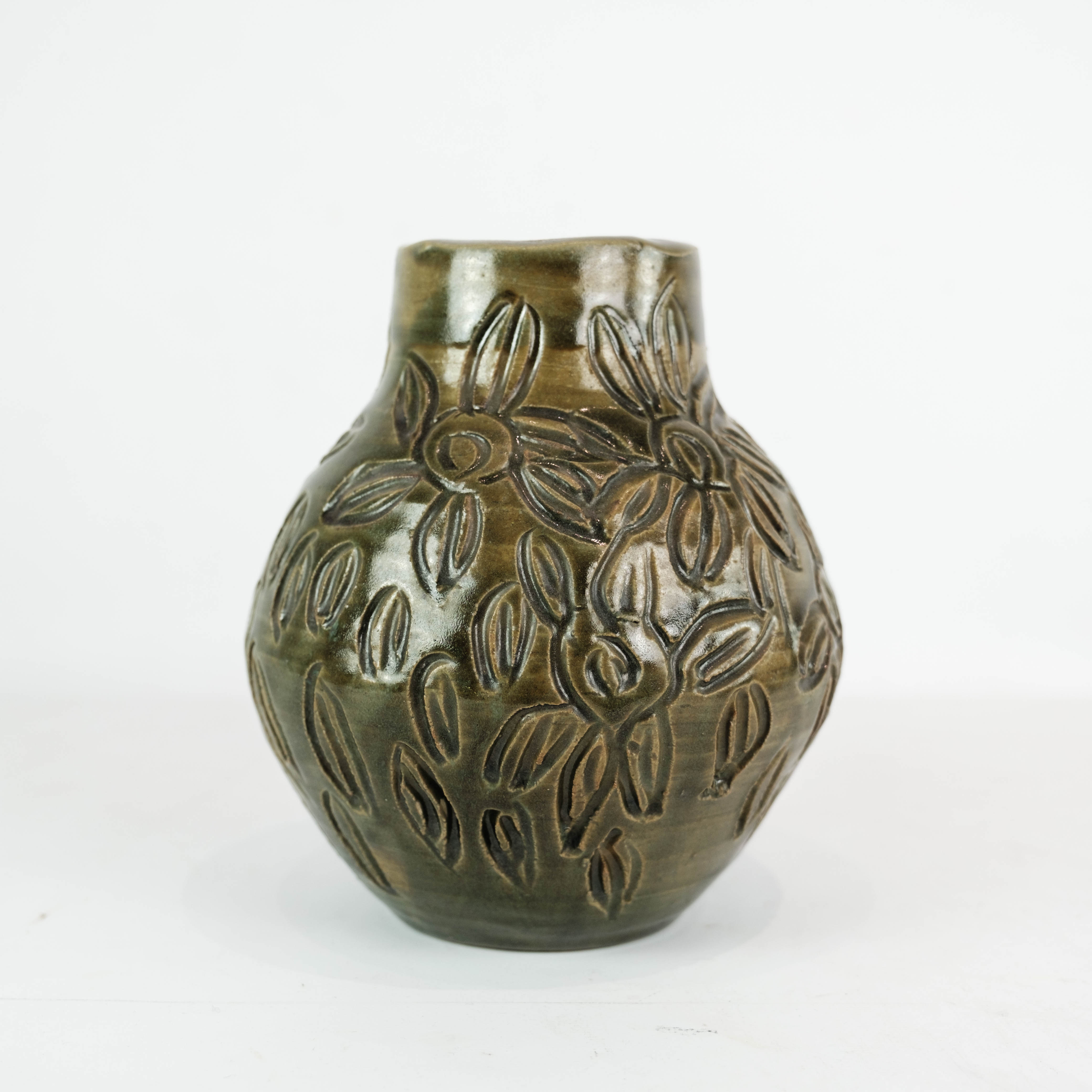 Ceramic vase with dark glaze and floral pattern of unknown Danish artis, 1960s