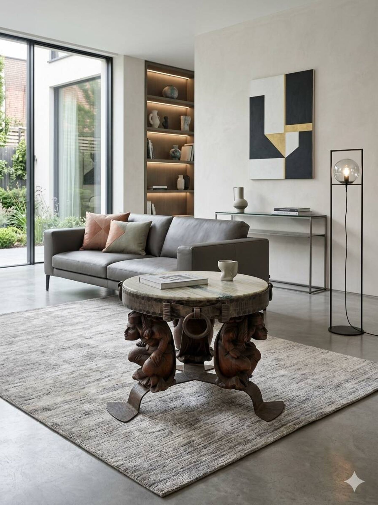 Wrought iron and marble coffee table, Jean Maurice Rothschild, circa 1950.