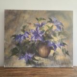 Ancien tableau ancienne huile sur toile nature morte vase de fleurs clématites signée P. Sorel