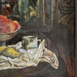 Oil on canvas 20th century still life with fruit and cloth, whitewashed frame