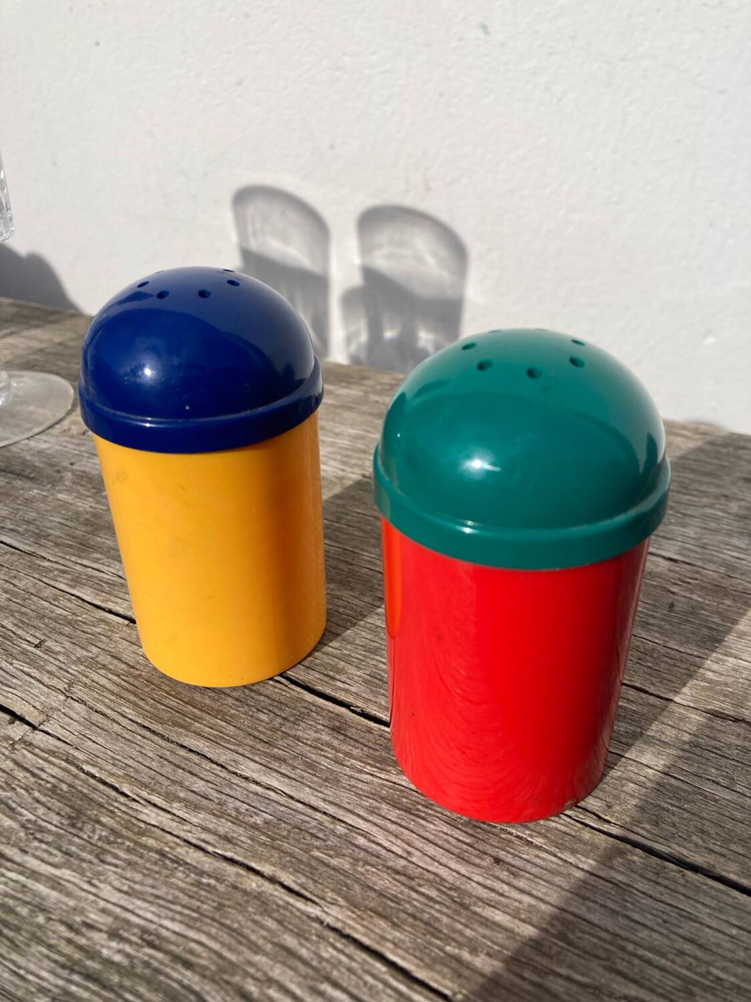 80s multi-colored salt and pepper shakers