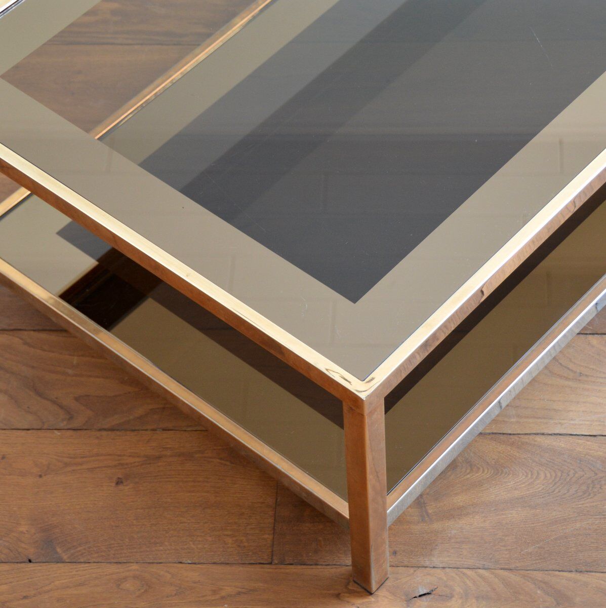 Coffee table in gold plated and smoked glass Belgo Chrom 70s / 80s