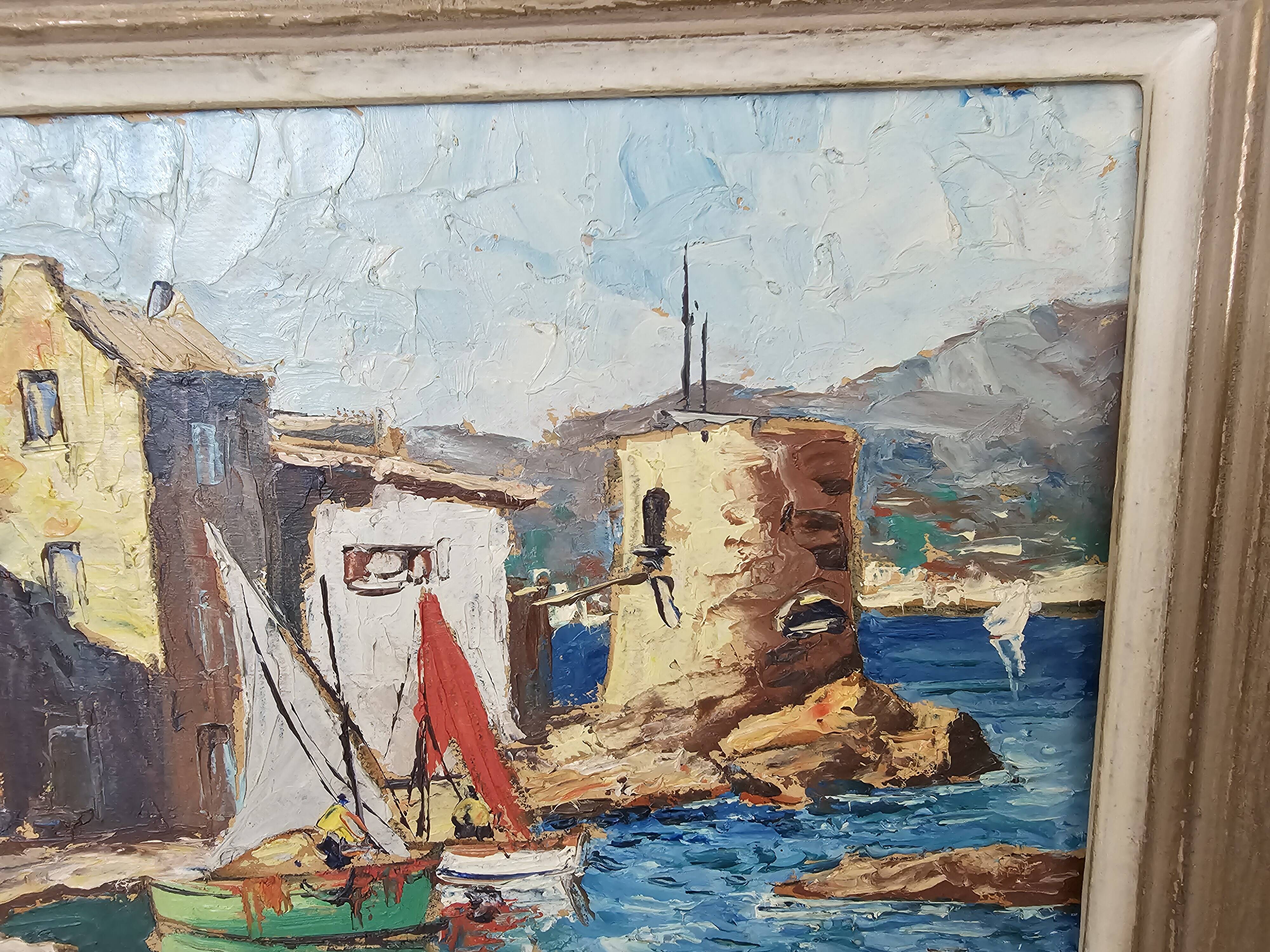 Oil Painting on Cardboard Saint Tropez - La Ponche signed Louis Millet - 60's