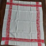 Nappe ancienne fil damassé rouge et blanc dix serviettes 150 X 190 cm