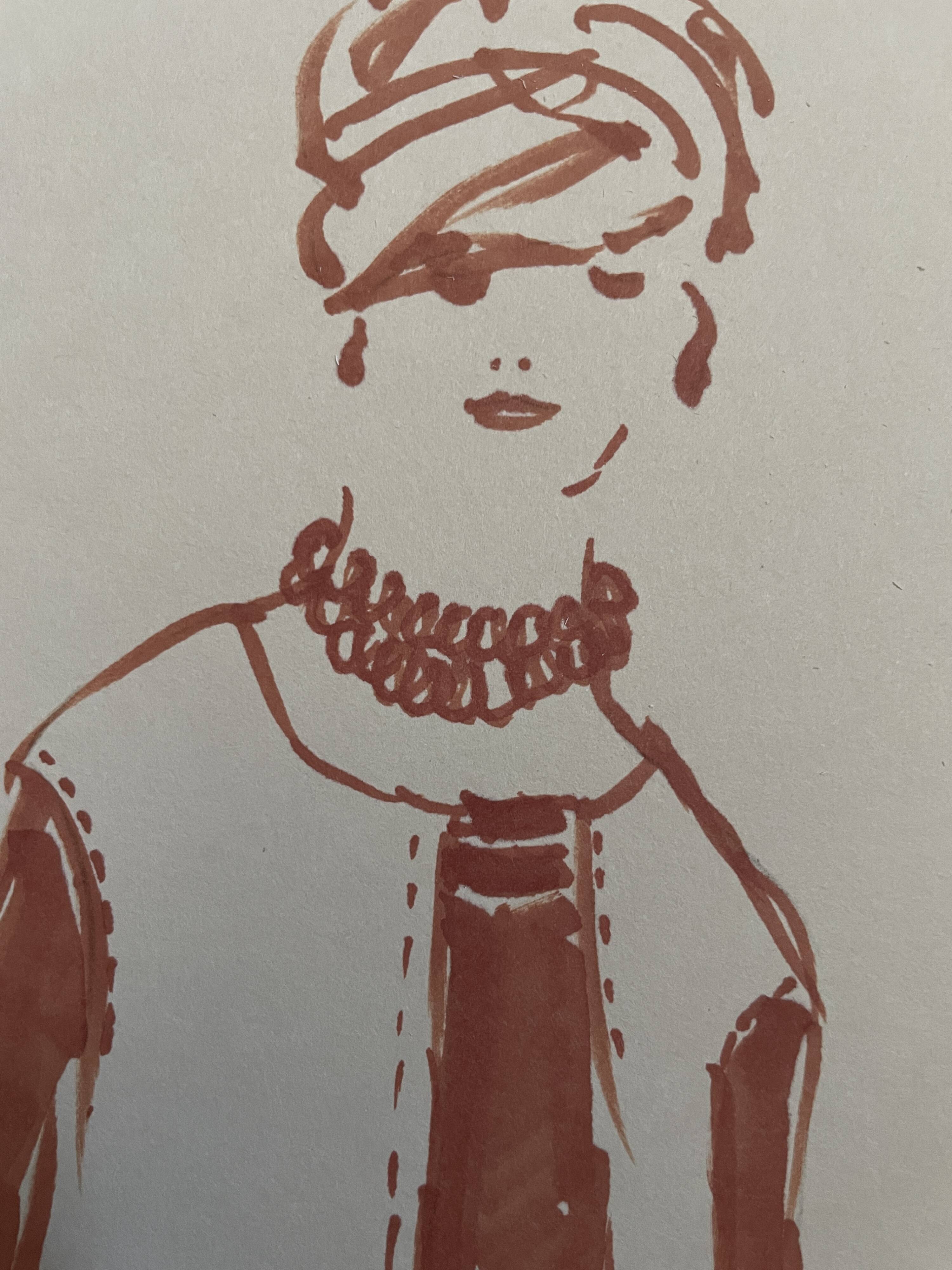 Painting signed in ink fashion engraving "study of a model of a woman's sleeveless vest"