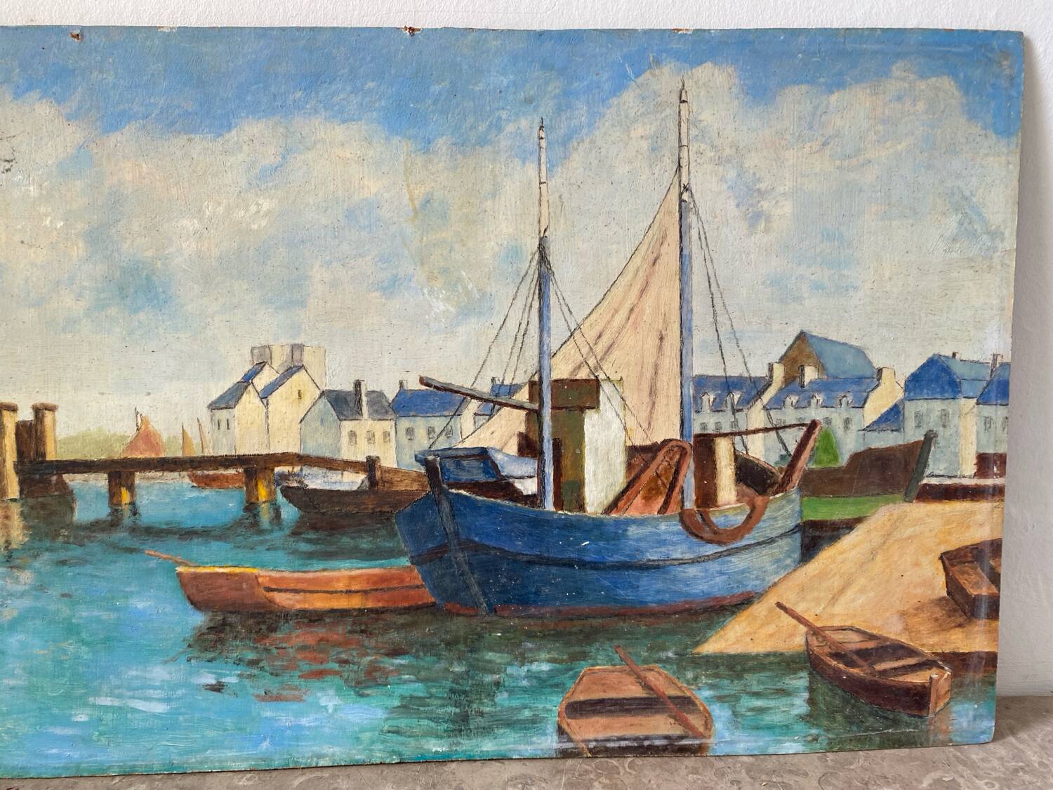 Sailboat harbor painting