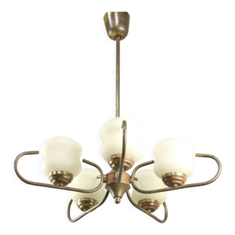 Mid-century Yellow Glass & Brass  5-arm Chandelier