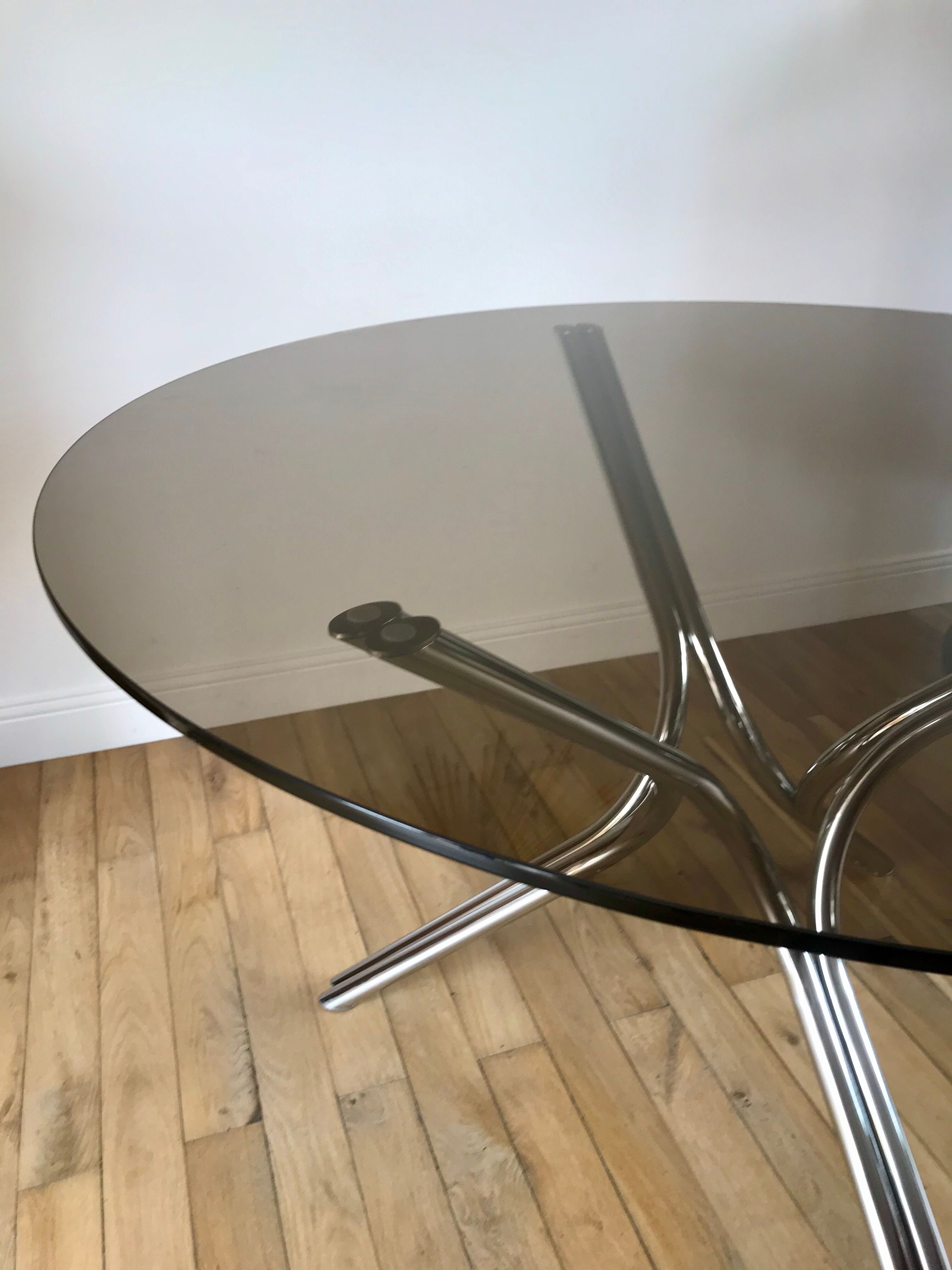 Dining / living table in chrome and smoked glass design 70s
