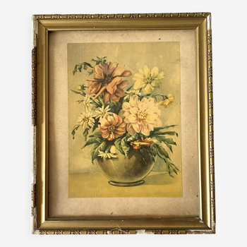 Cadre gravure ancienne bouquet de fleurs