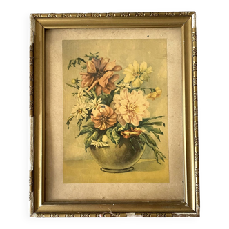 Cadre gravure ancienne bouquet de fleurs