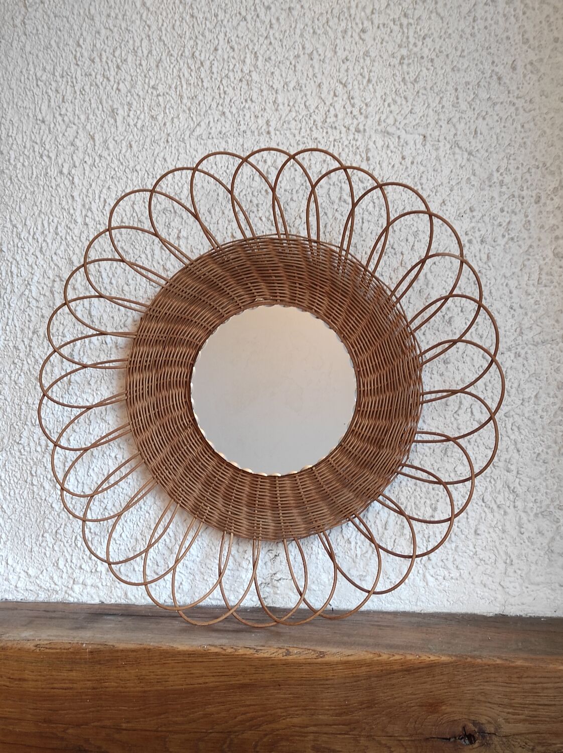 Miroir fleur soleil vintage en osier rotin verre biseauté