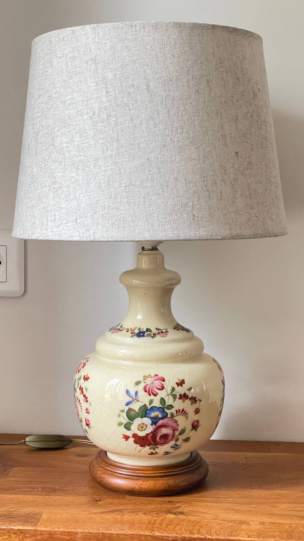 Vintage Ceramic Lamp with Wooden Base