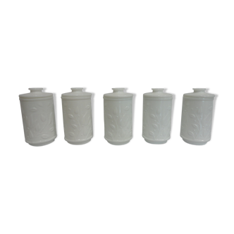 Series of 5 jars vintage style apothecary in opaline white