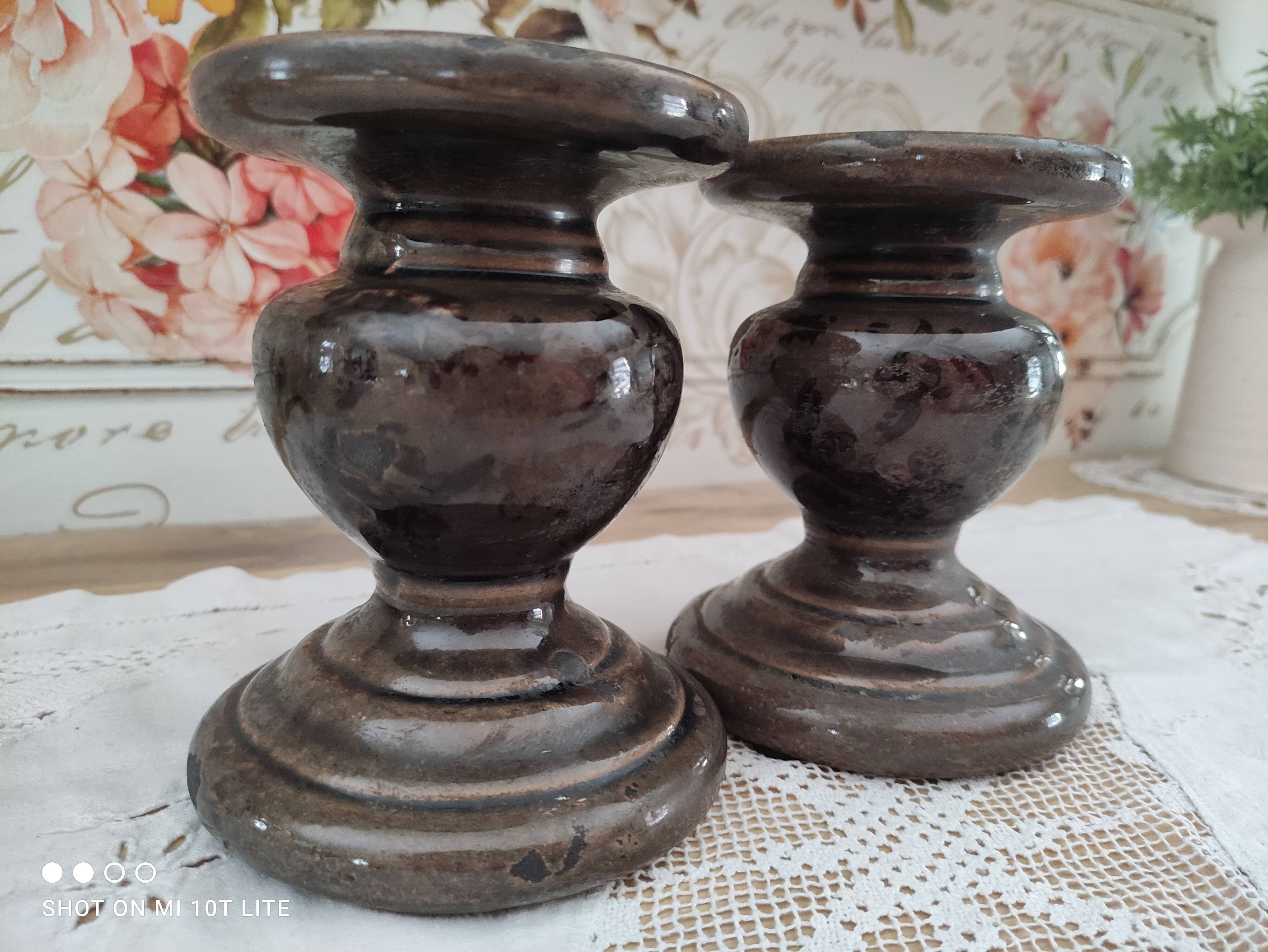 Set of 2 candle holders in brown enamelled terracotta decoration floral pattern tone on tone