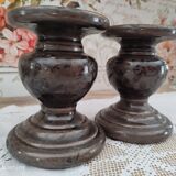 Set of 2 candle holders in brown enamelled terracotta decoration floral pattern tone on tone