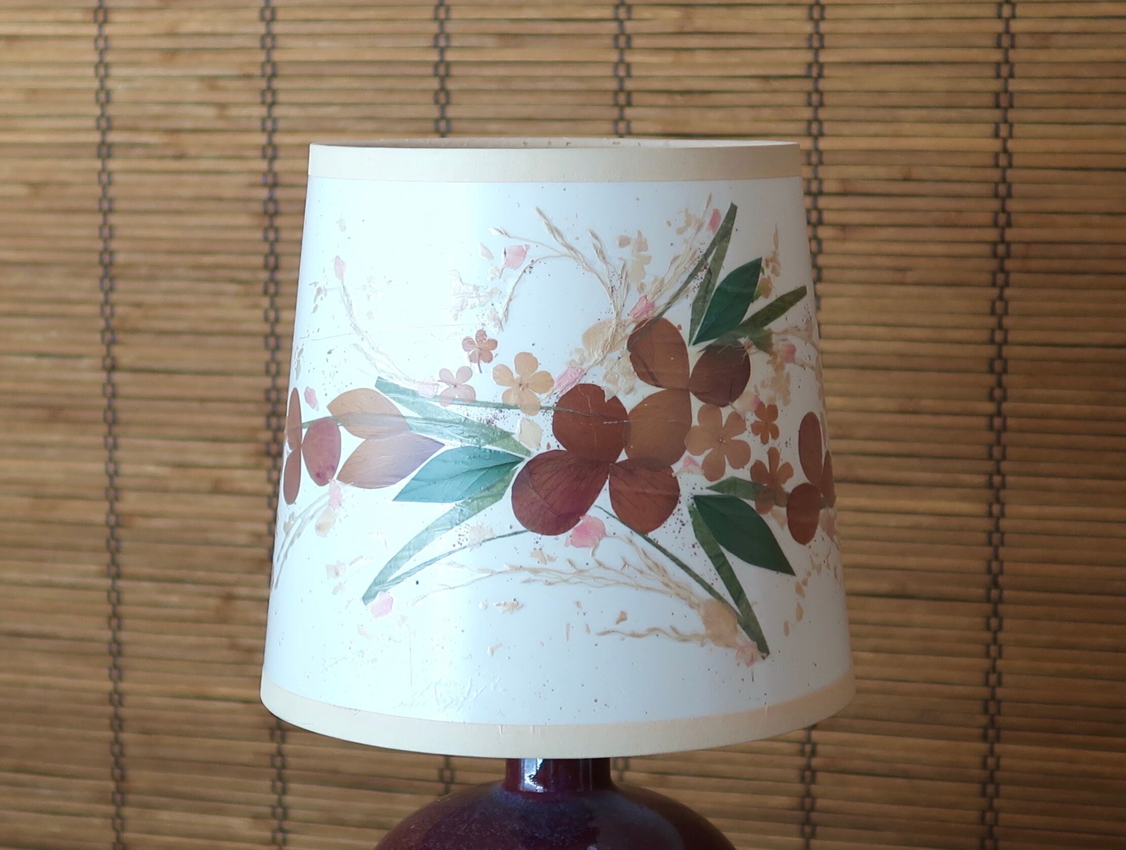 Purple pink ceramic lamp, herbarium-style lampshade, 60s