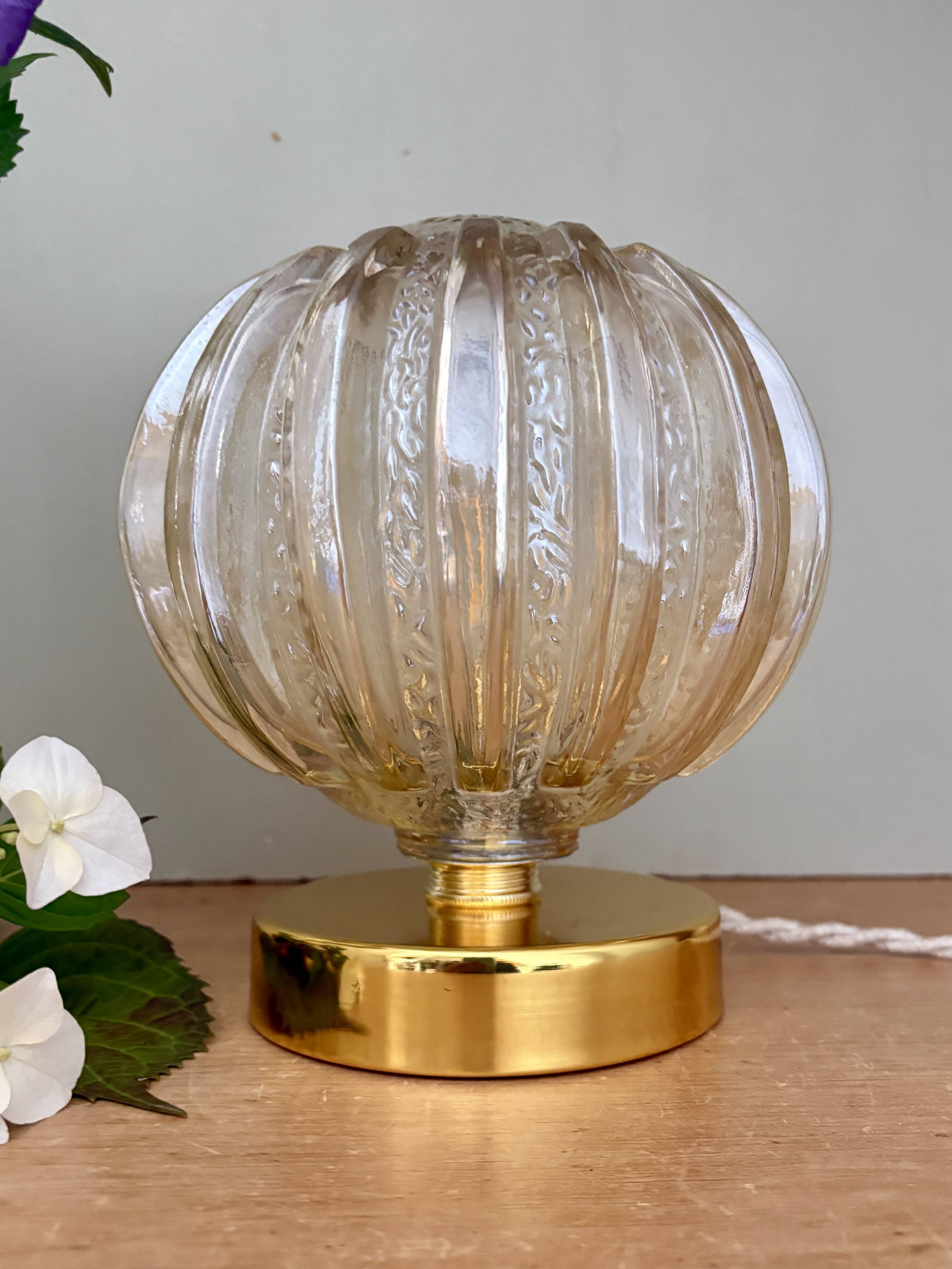 Vintage globe table lamp in half amber, half transparent molded glass