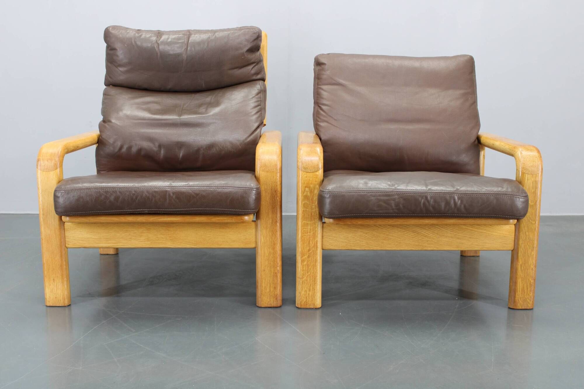 1970s L. Olsen & Søn Pair of Armchairs in Oak and Leather, Denmark