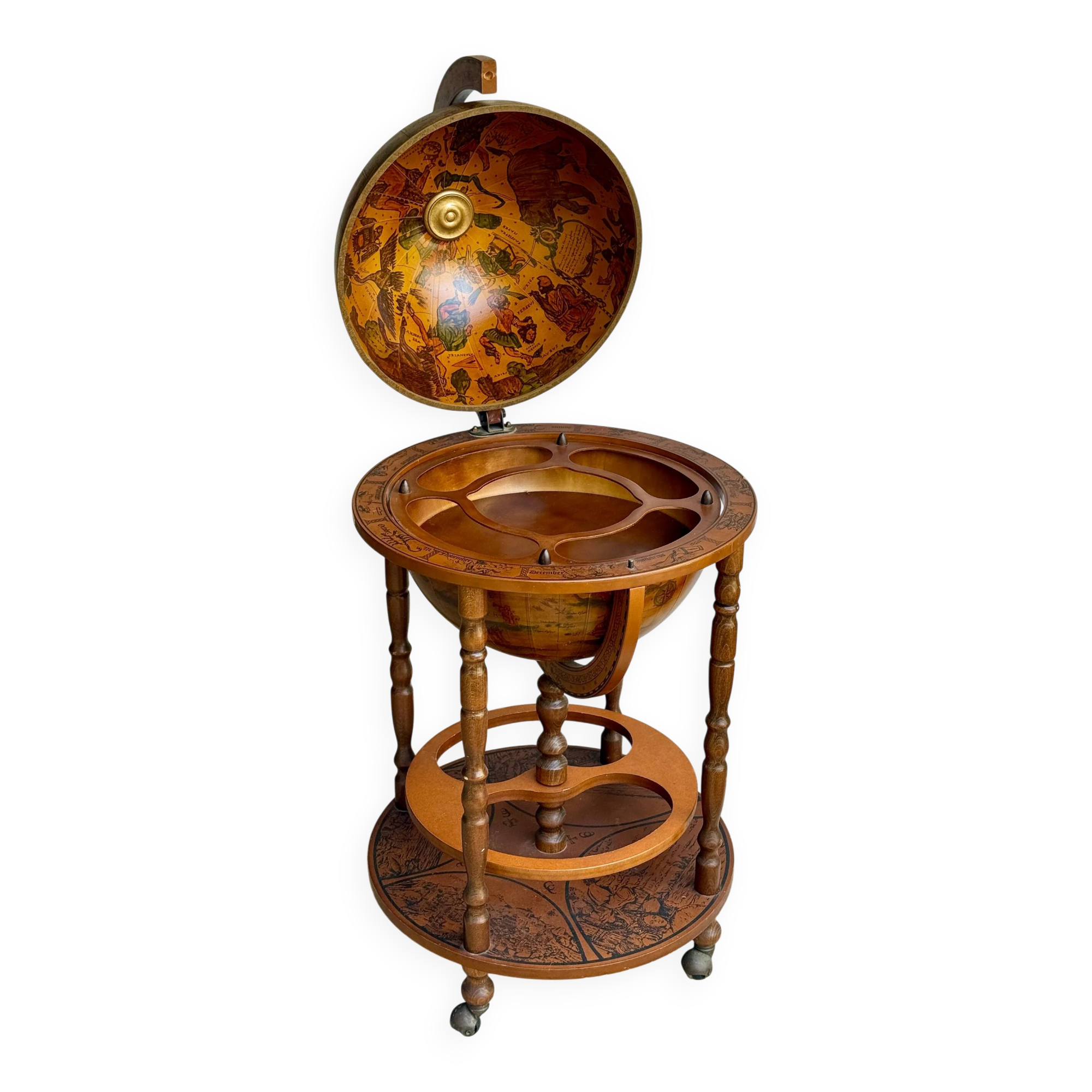Globe bar on wheels with a rotating tray