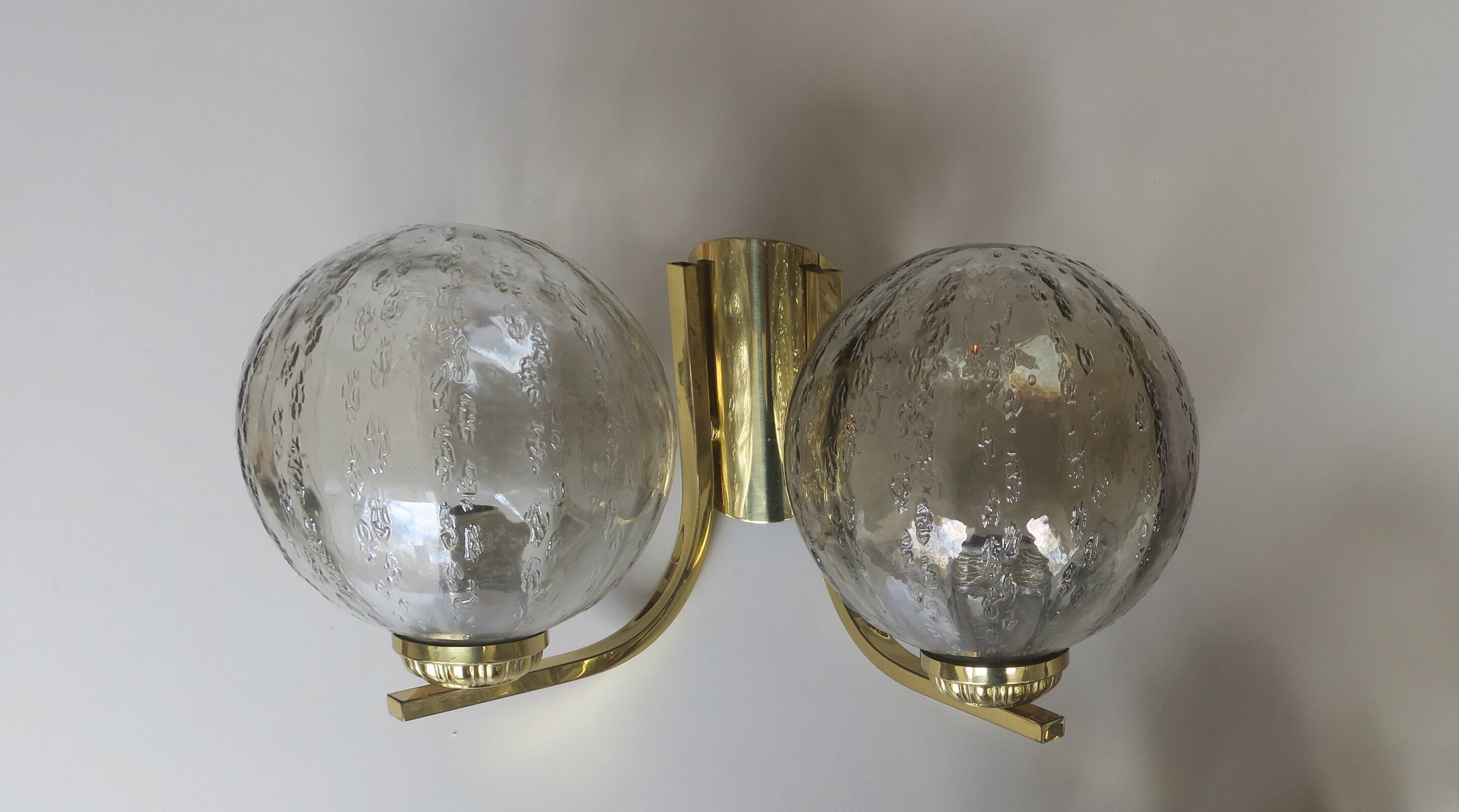 Vintage pair of brass and glass double wall lights, 1970s