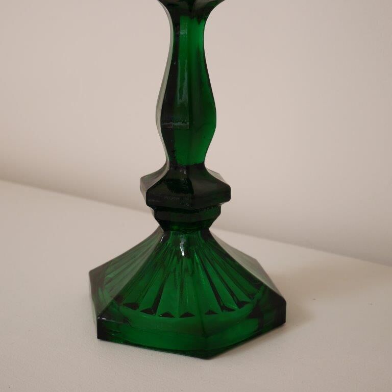 Pair of glass candle holders, pink and green