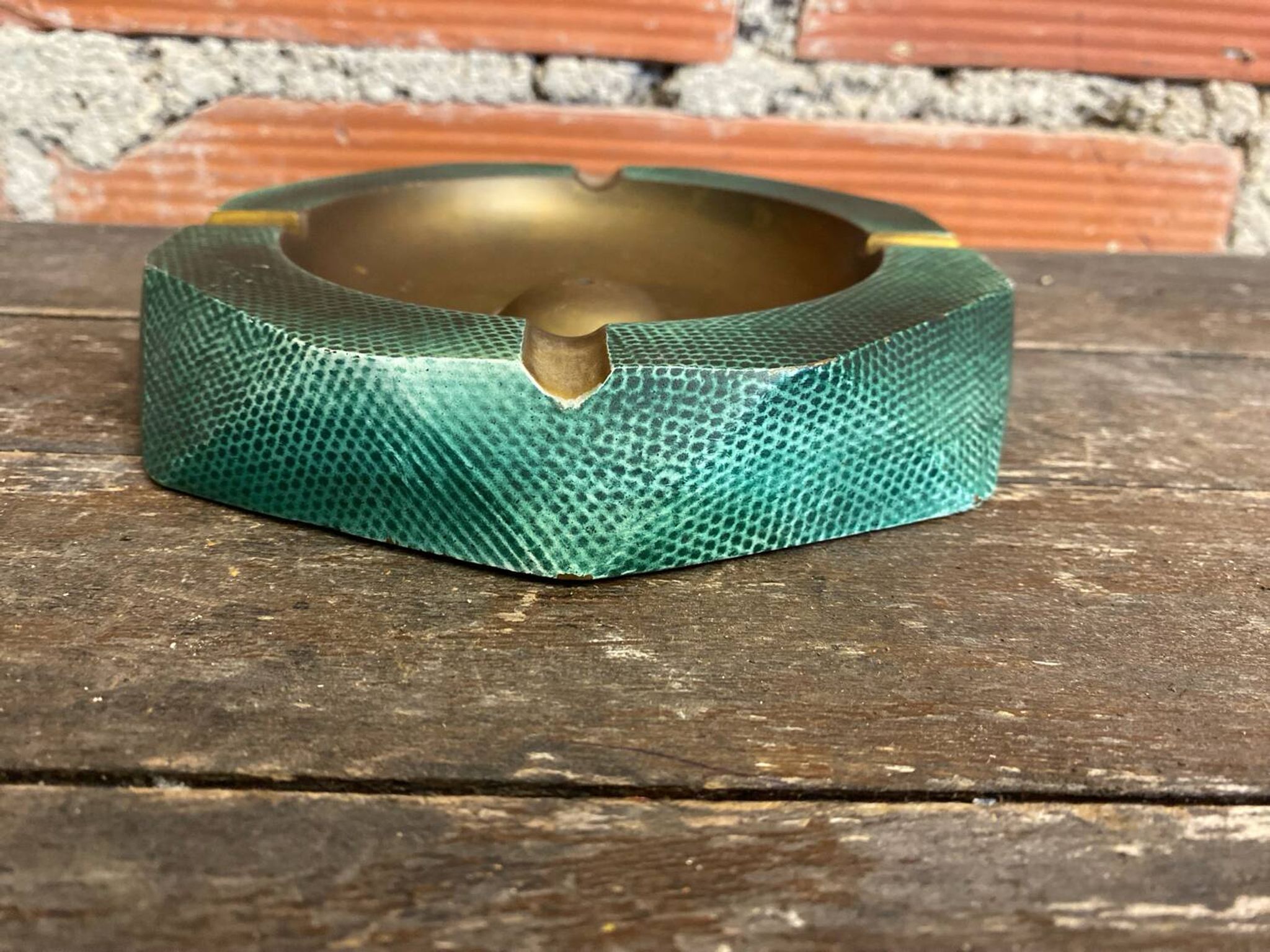 Vintage Green Metal Octagonal Ashtray + Brass