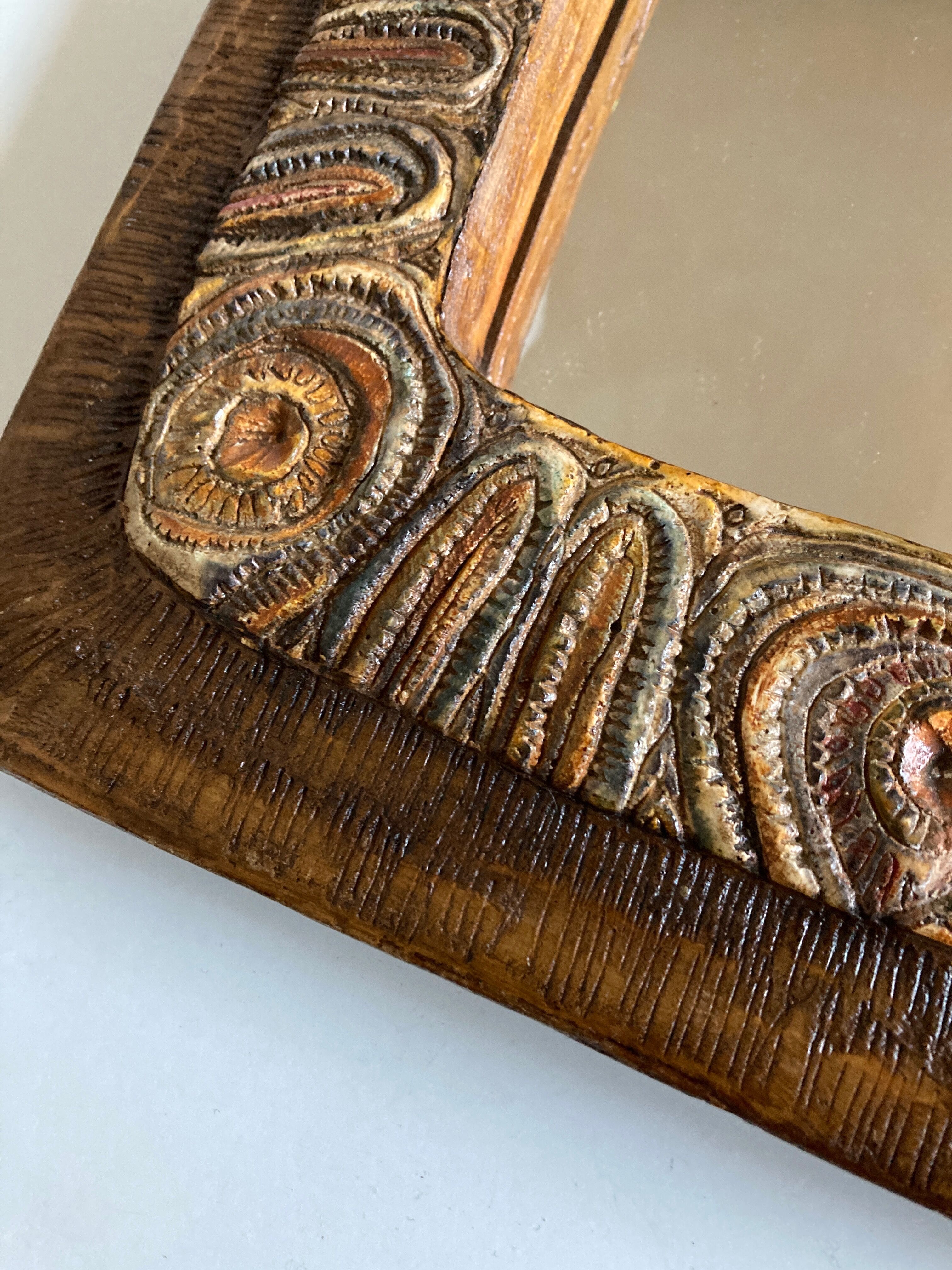 Arts & crafts 1970 mirror in incised resin