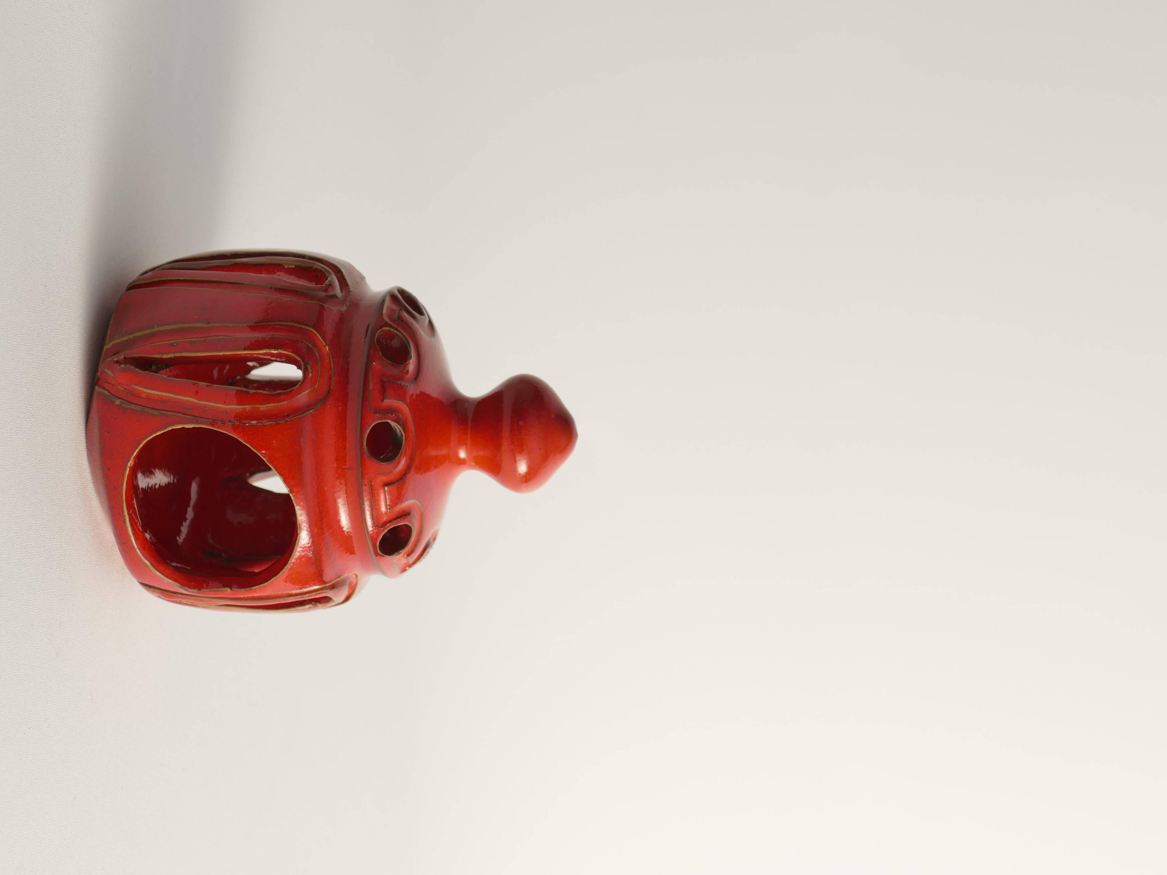 Lampe à bougie en céramique faite à la main couleur rouge homard, par Barbro Sundelin pour Basun Keramik