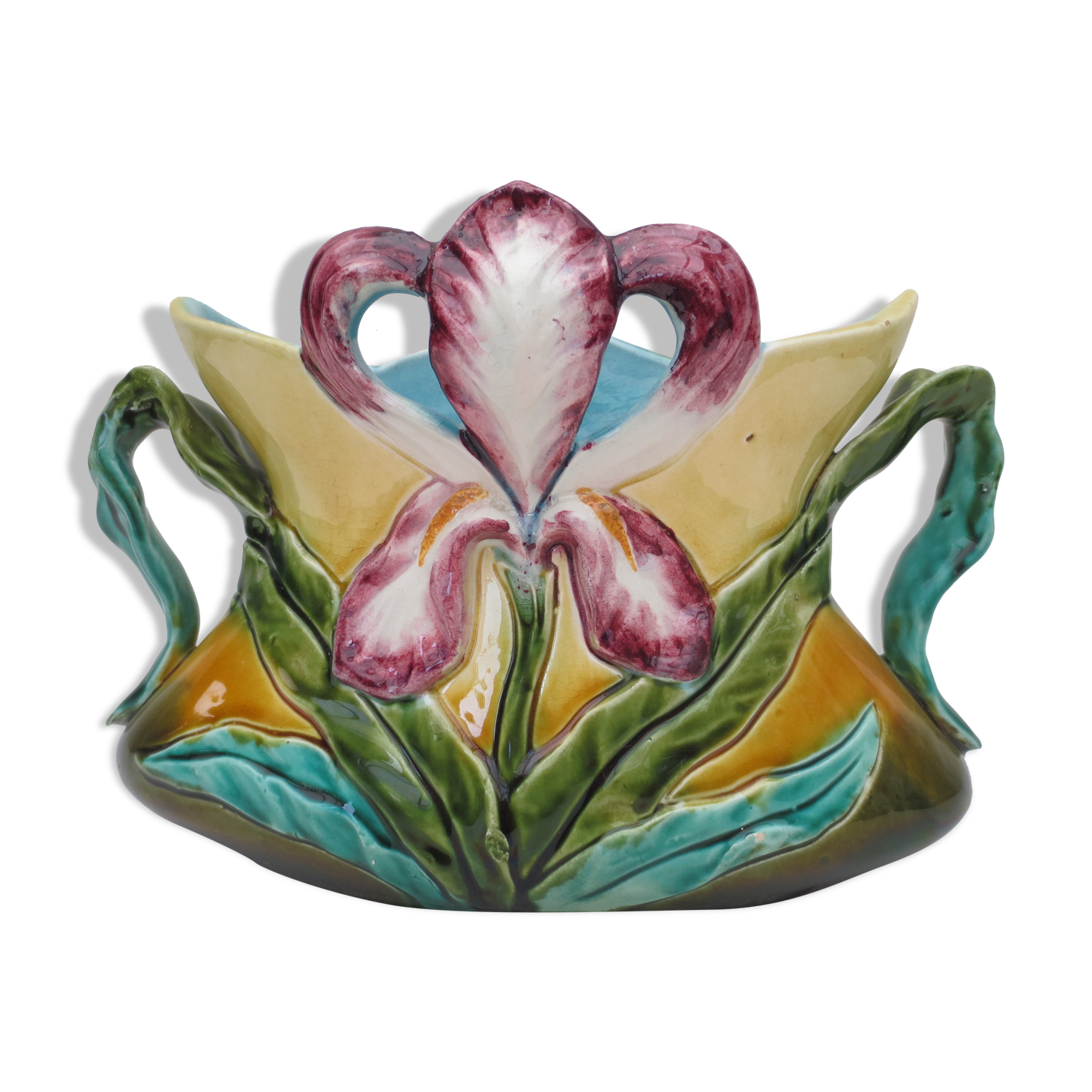 Former art nouveau planter in colorful dabbling iris décor