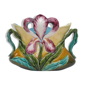 Former art nouveau planter in colorful dabbling iris décor
