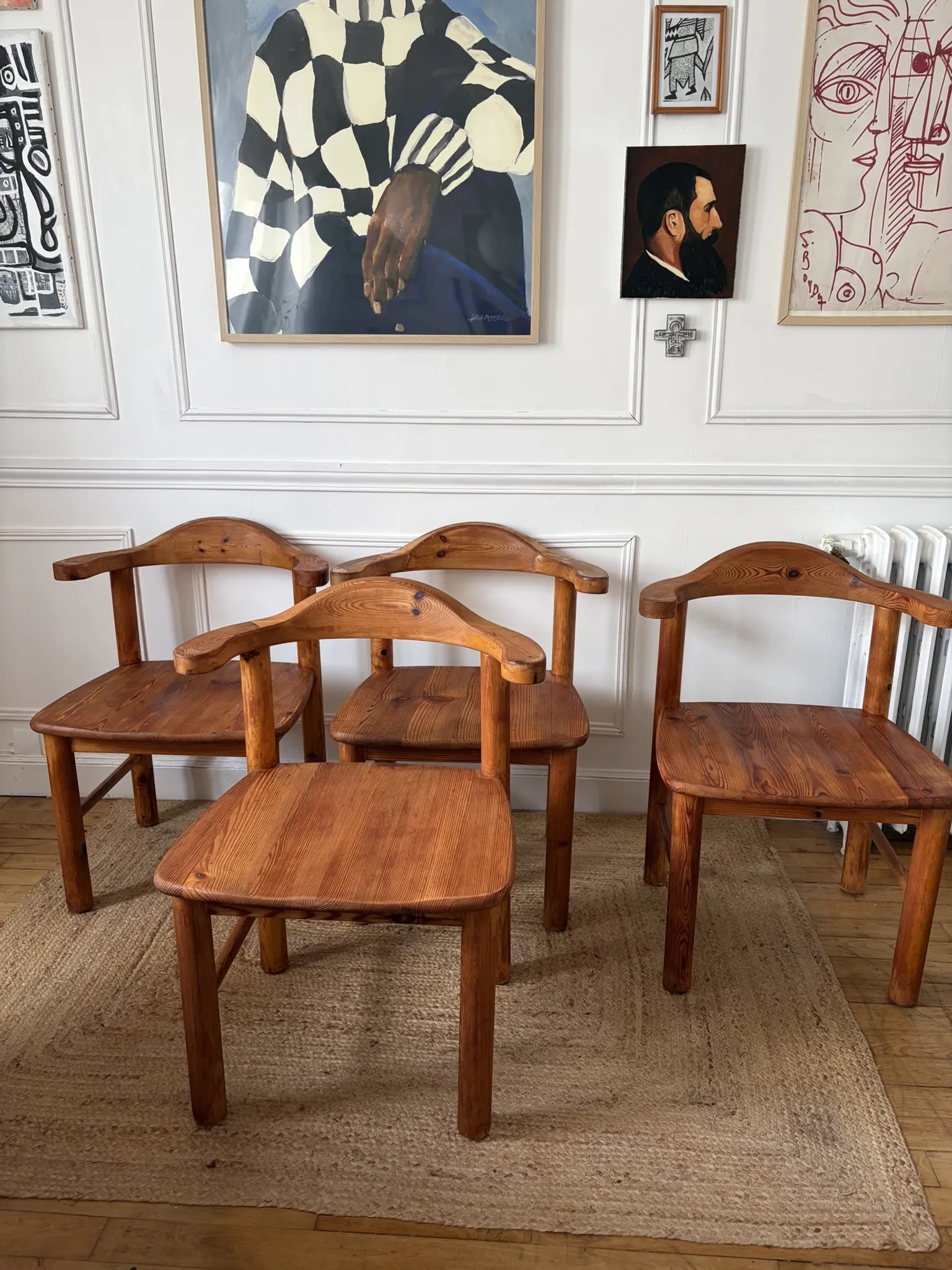 4 pine armchairs from the 1970s