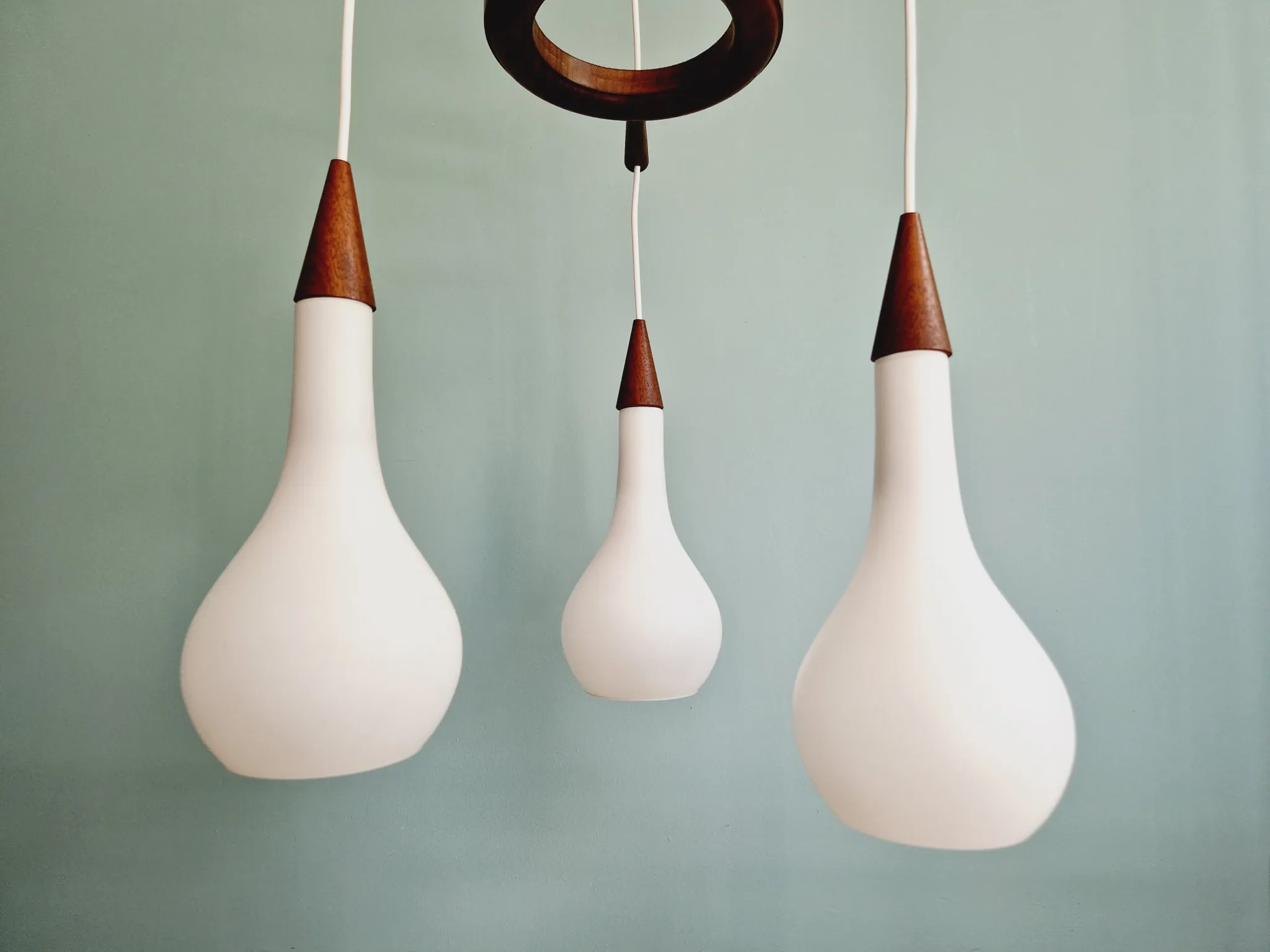 Scandinavian teak and satin white glass chandelier, 1960
