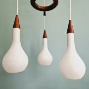 Scandinavian teak and satin white glass chandelier, 1960