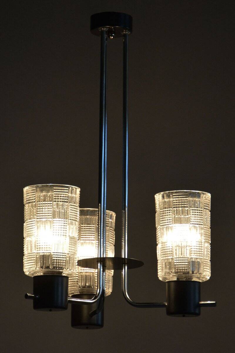 Mid-Century Chandelier in Chromed Steel and Glass by Drukov, Czech, 1970s