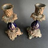 Pair of 19th century Sèvres blue and bronze candlesticks