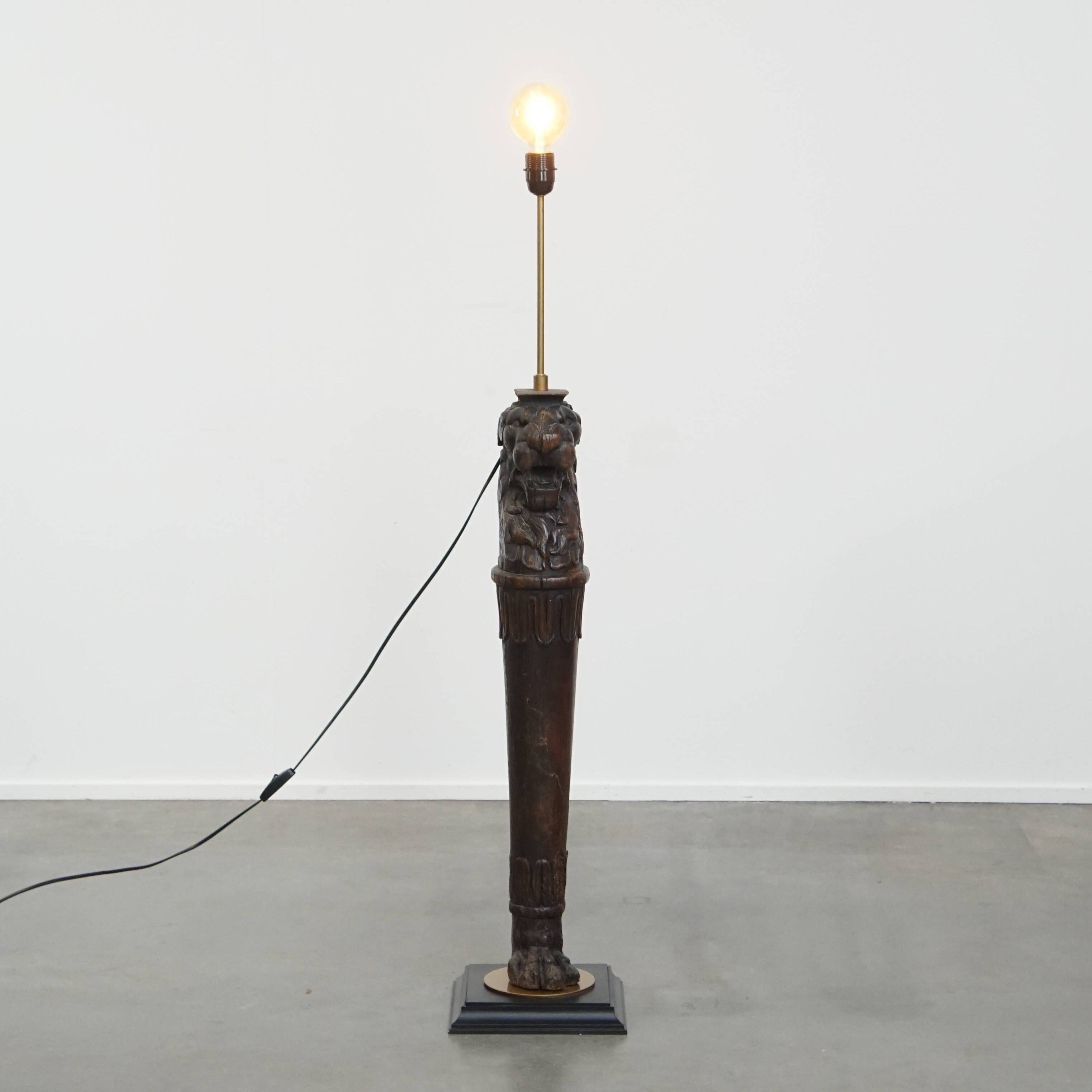 Hand-Carved Antique Wooden Floor Lamp with Lion Head