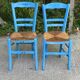 2 solid wood chairs in blue straw