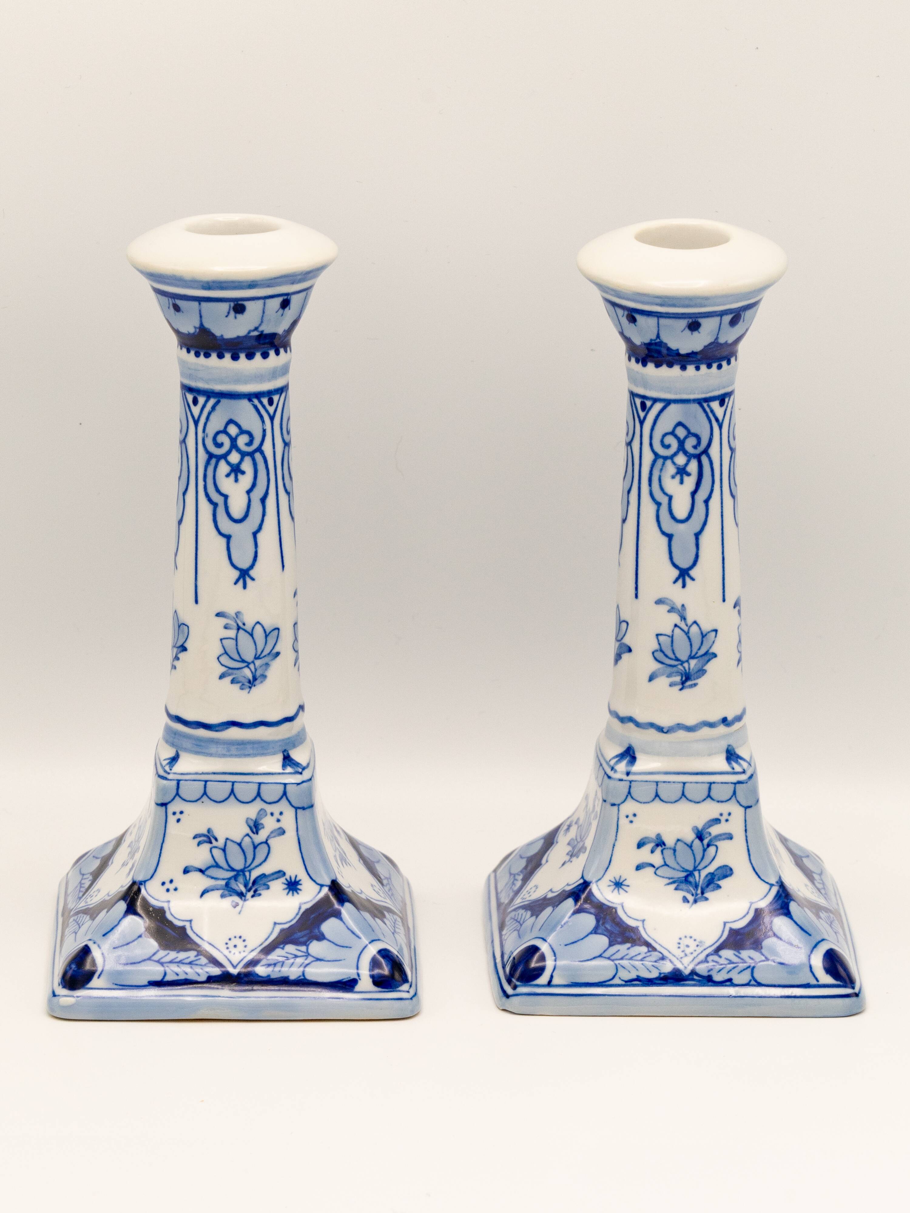 Pair of Royal Delft Blue and White Hand-Painted Ceramic Candlesticks