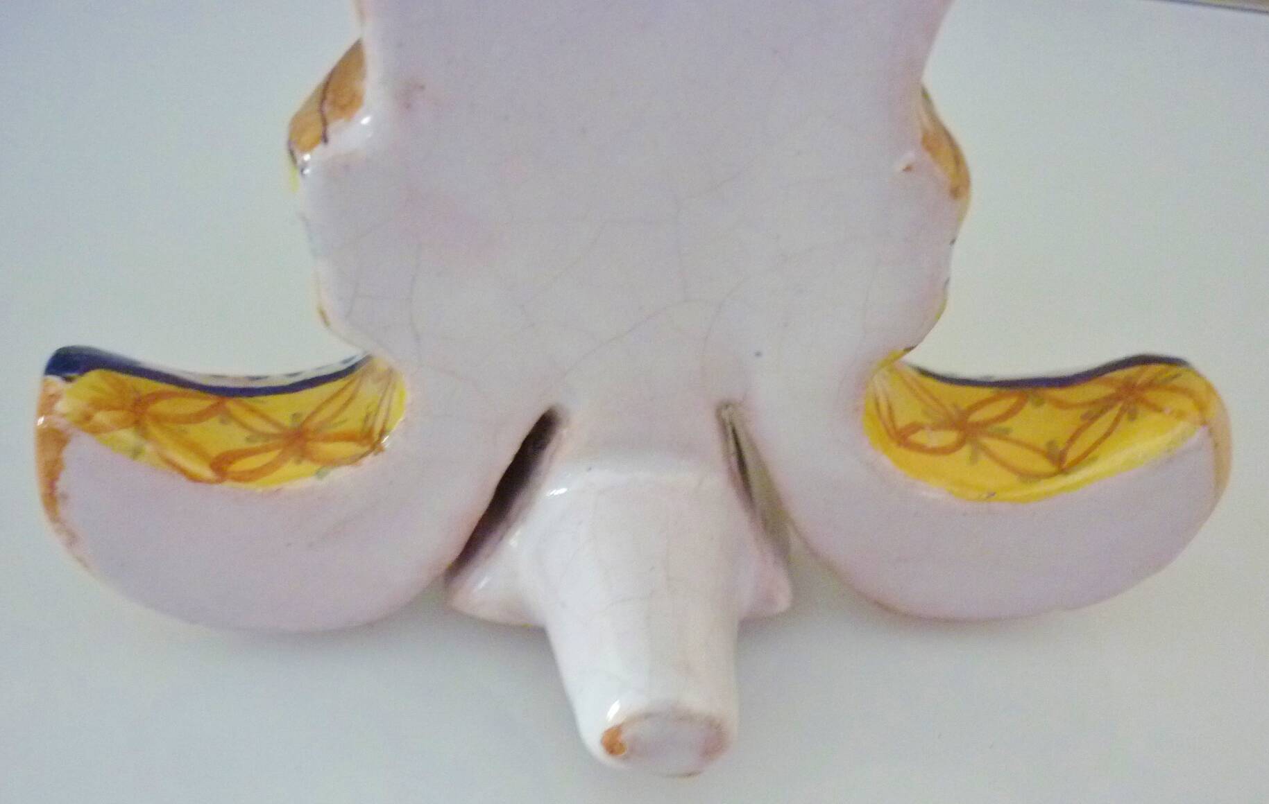 Fleur-de-lis shaped vase, glazed ceramic, Brittany, Quimper, Breton ermines, character