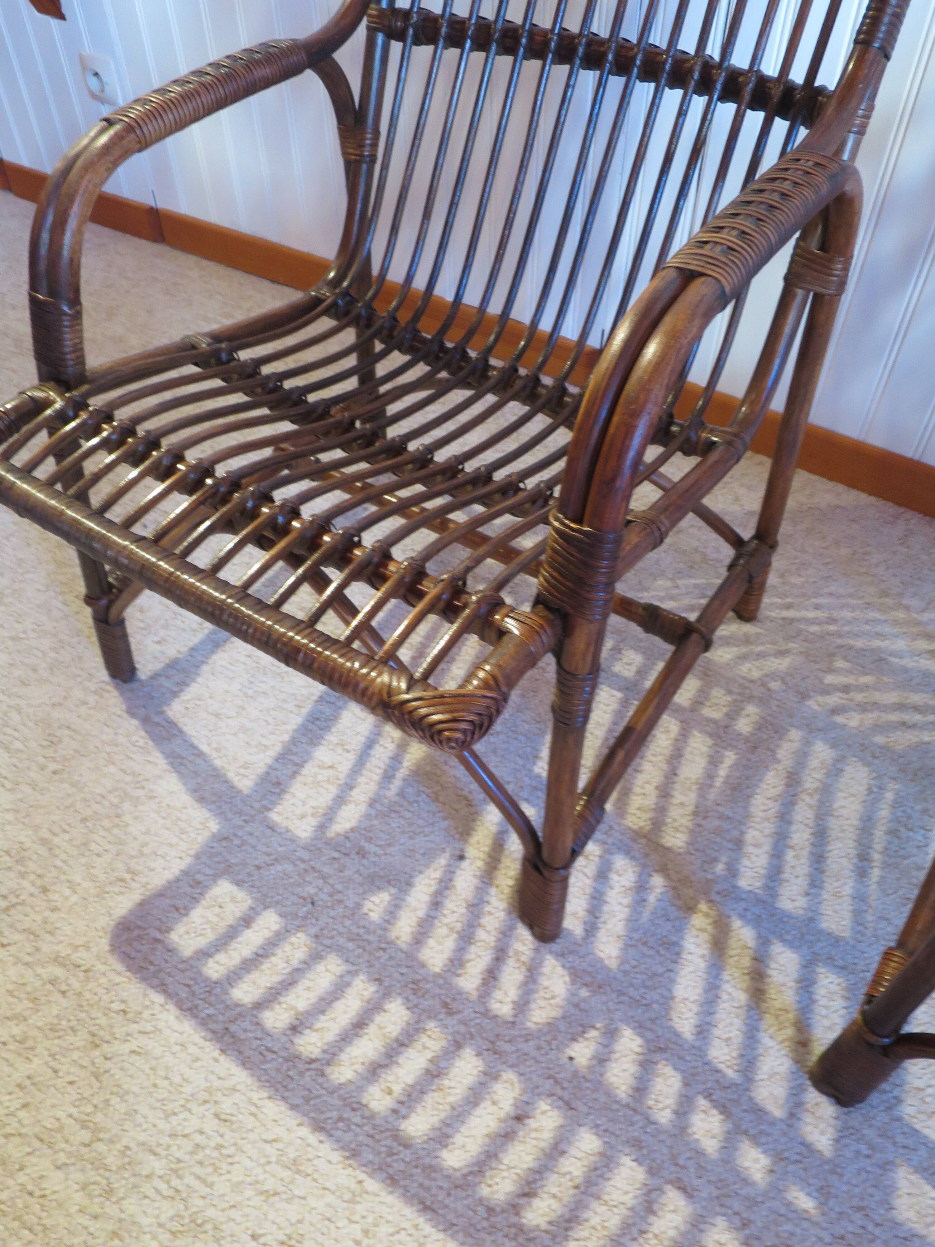 Lot de 2 Fauteuils de jardin en rotin et bambou -Vintage -Années 60 - avec coussins - vernis satin