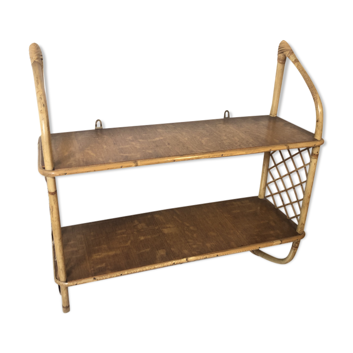 Rattan & oak vintage wall shelf 60's Louis Sognot