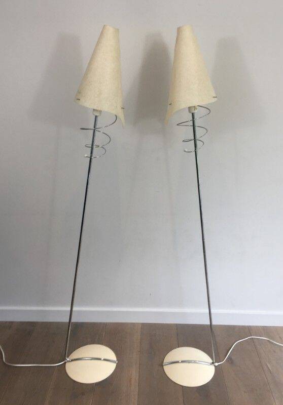Pair of designer parquet floor lamps composed of lacquered metal and chrome bases and designer white plastic lampshades