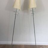 Pair of designer parquet floor lamps composed of lacquered metal and chrome bases and designer white plastic lampshades