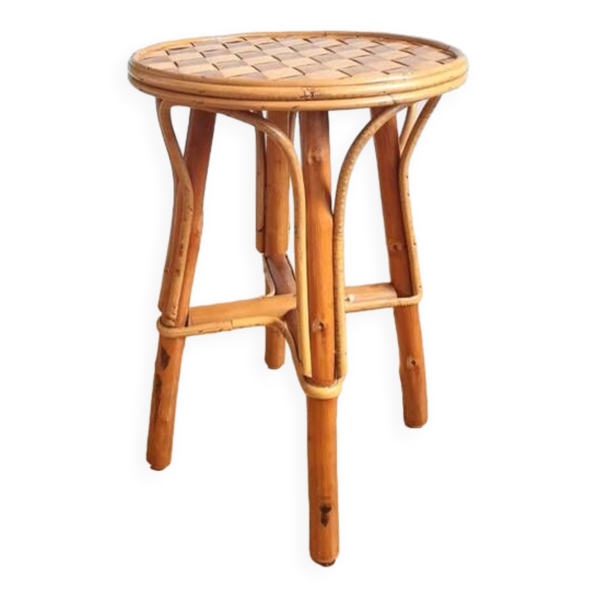 Vintage rattan and chestnut stool