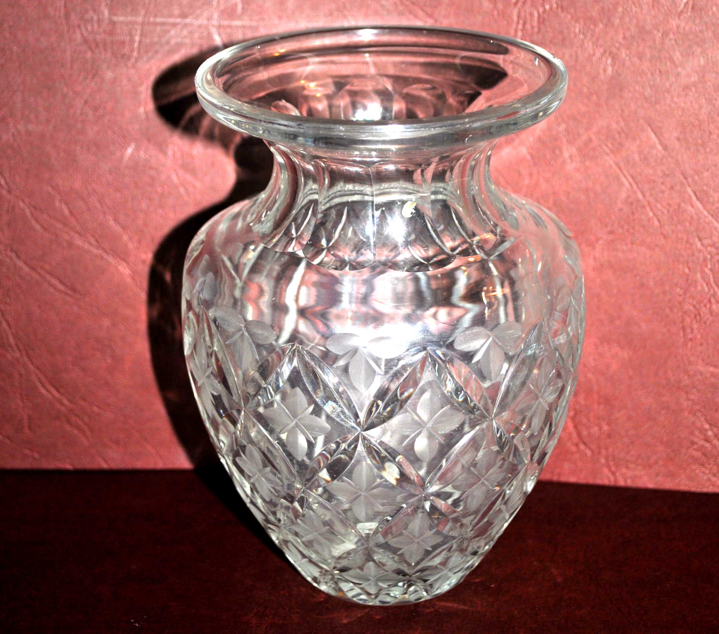 Bohemian crystal baluster vase - richly carved decoration engraved with clover