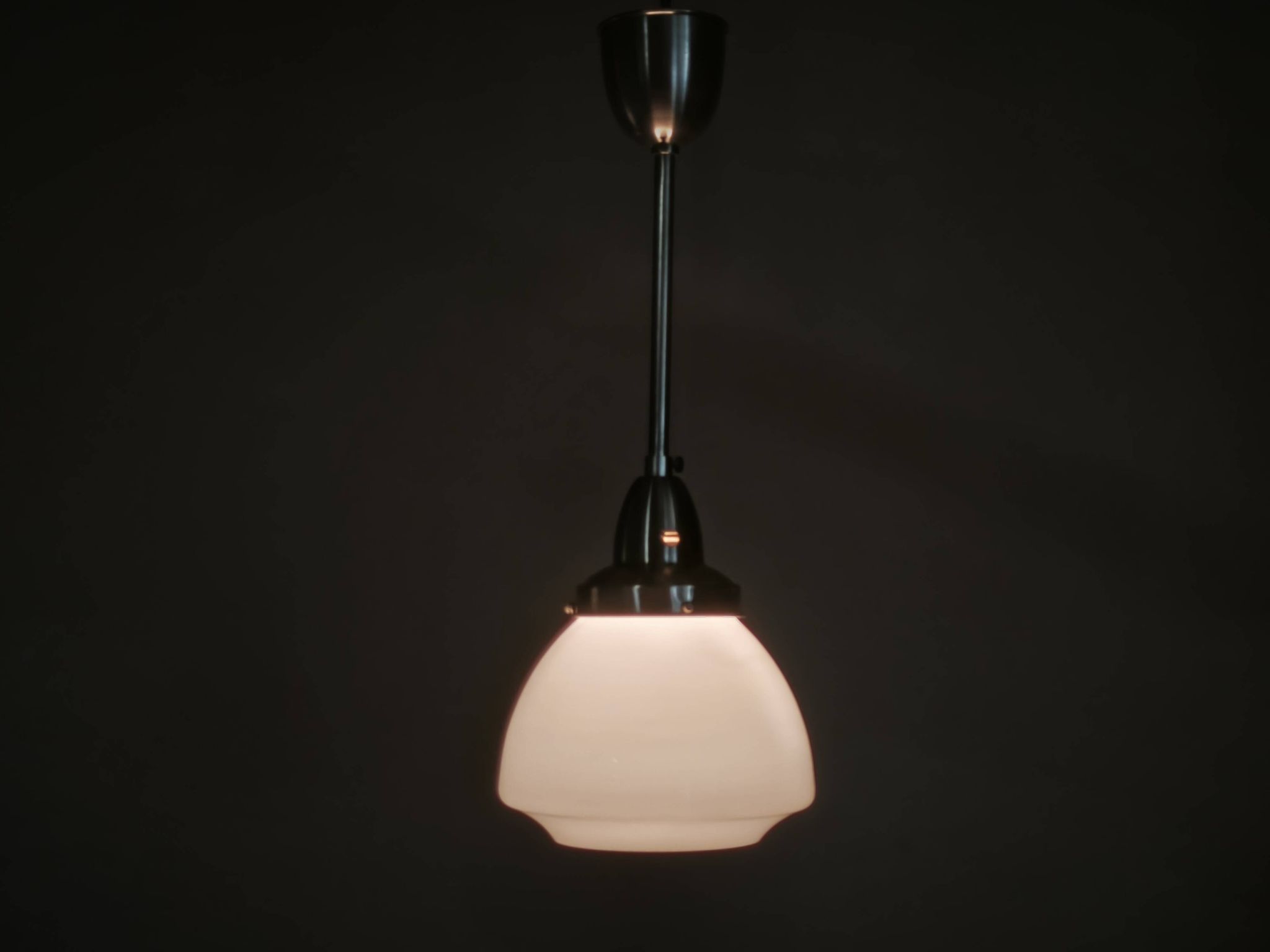 Pair of 1930s Czech Art Deco Opaline Glass and Chrome Pendant Lights