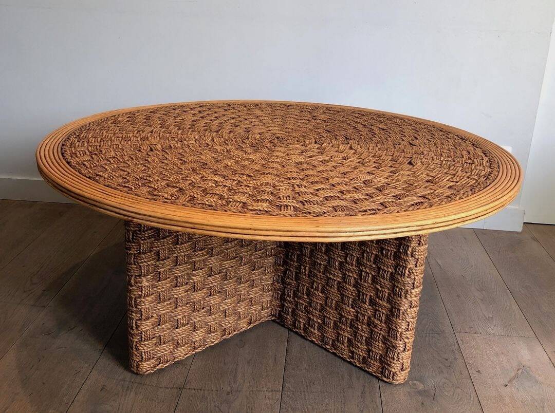 Large Round Coffee Table in Rope and Wood, in the Style of Audoux-Minet, Fra