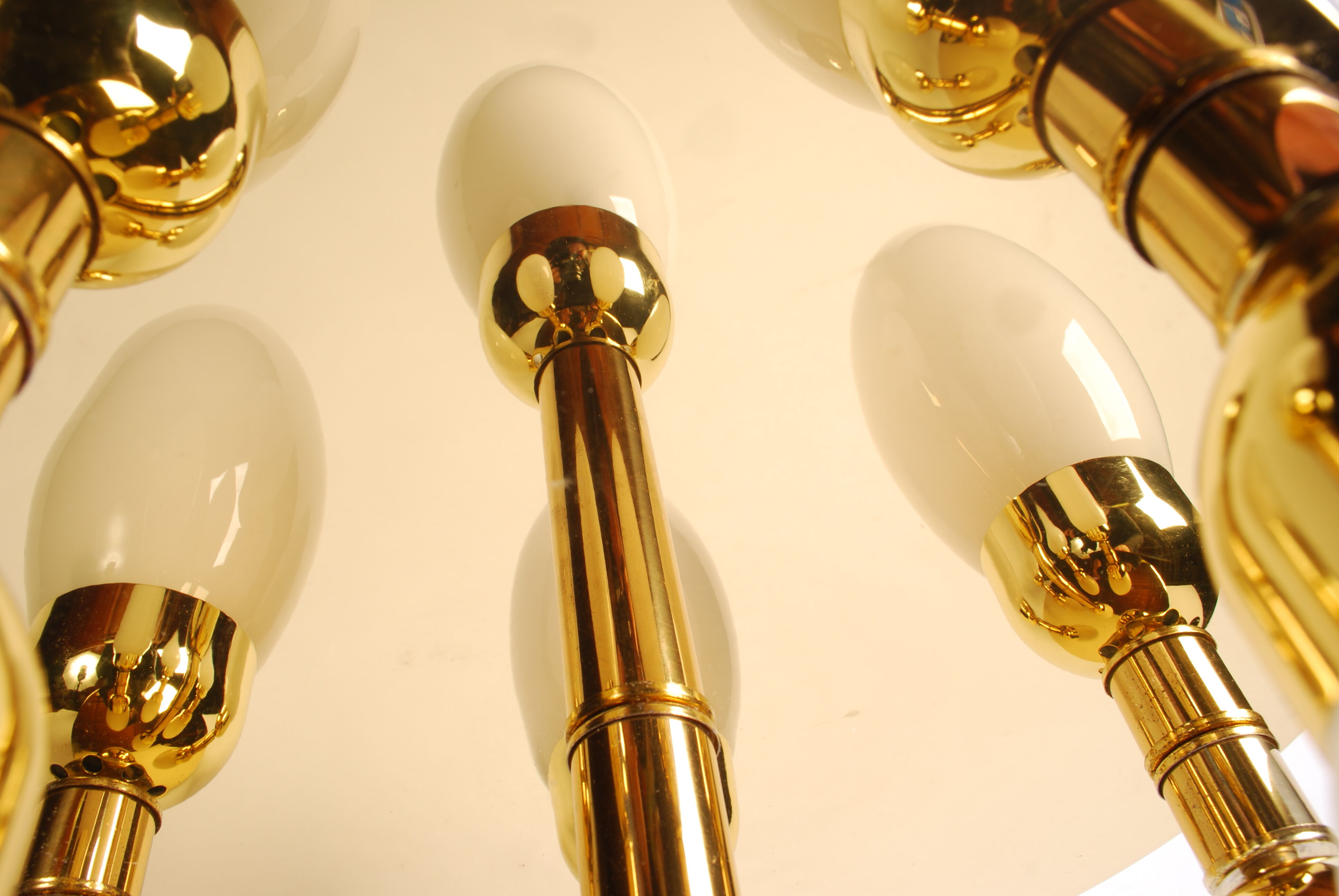 sputnik flush mount, atomic brass ceiling fixture with six opaline cone shaped globes, 1970's