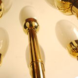 sputnik flush mount, atomic brass ceiling fixture with six opaline cone shaped globes, 1970's
